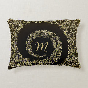 Golden Damask Monogram Accent Pillow