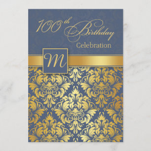 Golden damask on blue 100th Birthday Party Invite