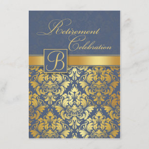 Golden damask on blue monogramm Retirement Party Invitation