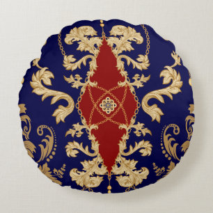 Golden Damask seamless pattern. Vintage indian wal Round Pillow