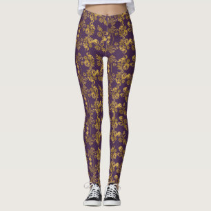 Golden damask swirl floral print on purple leggings
