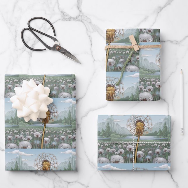 Golden Dandelion Silver Dandelions Wrapping Paper  (Front)