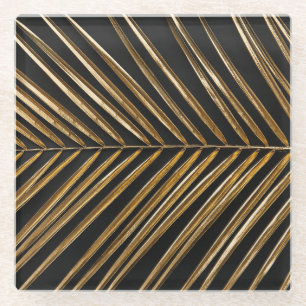 Golden Date Palm Leaf: Black Minimalist Glass Coaster