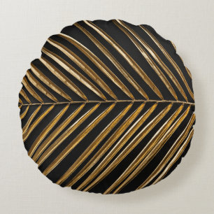 Golden Date Palm Leaf: Black Minimalist Round Pillow