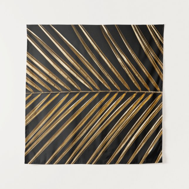 Golden Date Palm Leaf: Black Minimalist Tapestry (Front)