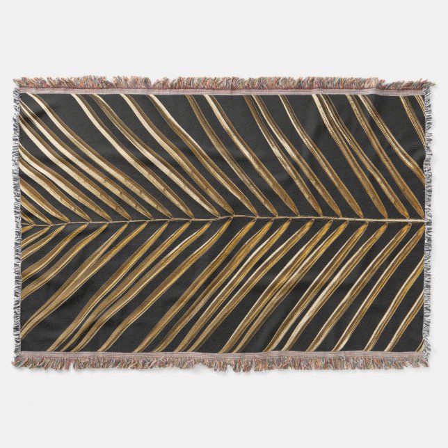Golden Date Palm Leaf: Black Minimalist Throw Blanket (Front)