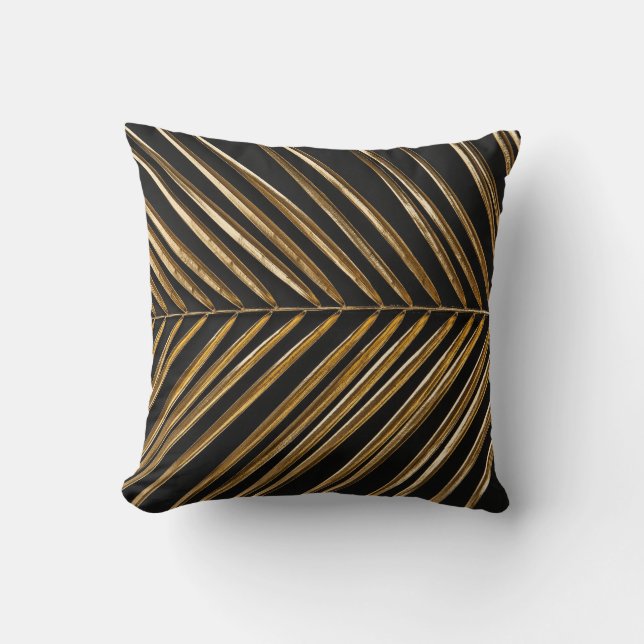 Golden Date Palm Leaf: Black Minimalist Throw Pillow (Front)