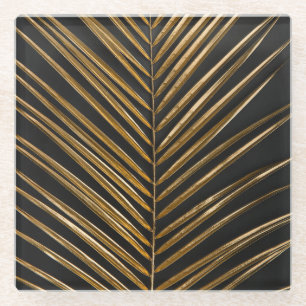 Golden Date Palm: Minimalist Black Background Glass Coaster