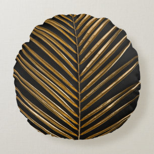 Golden Date Palm: Minimalist Black Background Round Pillow