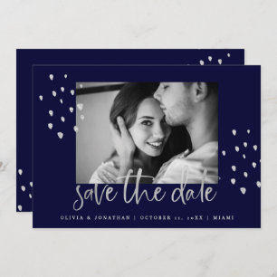 Golden Date   Silver Script on Navy with Photo Save The Date