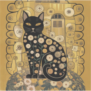 Golden Decorative Gustav Klimt Style Black Cat Art