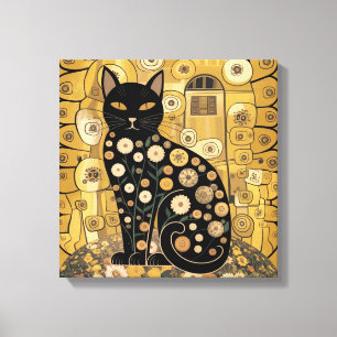 Golden Decorative Gustav Klimt Style Black Cat Art Canvas Print