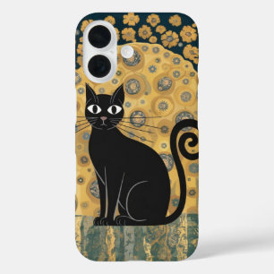 Golden Decorative Gustav Klimt Style Black Cat Art iPhone 16 Case