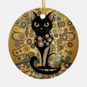 Golden Decorative Gustav Klimt Style Black Cat Art Ceramic Ornament