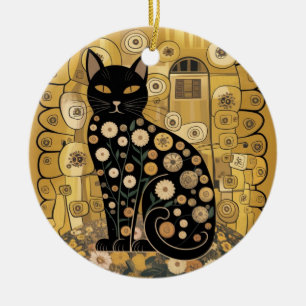 Golden Decorative Gustav Klimt Style Black Cat Art Ceramic Ornament