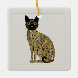 Golden Decorative Gustav Klimt Style Black Cat Art Ceramic Ornament