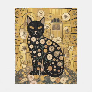 Golden Decorative Gustav Klimt Style Black Cat Art Fleece Blanket