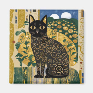 Golden Decorative Gustav Klimt Style Black Cat Art Magnet