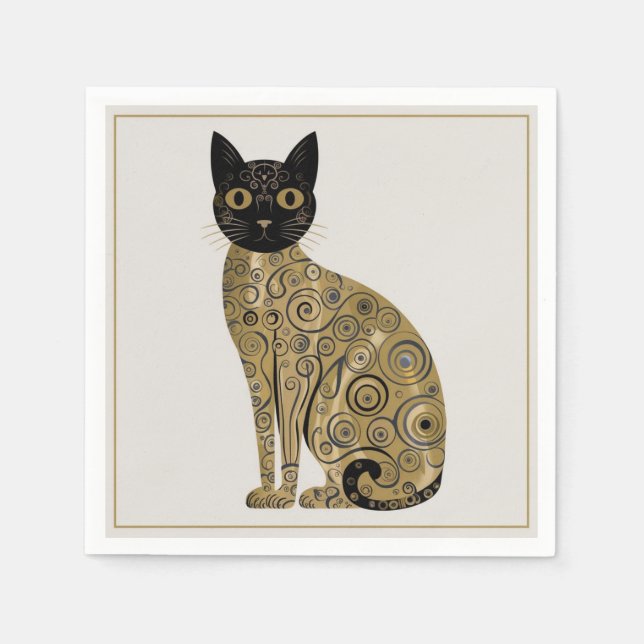Golden Decorative Gustav Klimt Style Black Cat Art Napkin (Front)