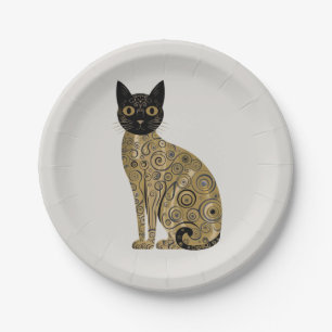 Golden Decorative Gustav Klimt Style Black Cat Art Paper Plate