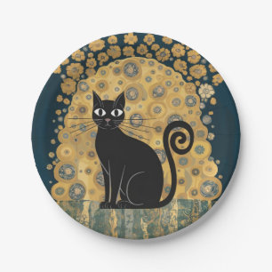 Golden Decorative Gustav Klimt Style Black Cat Art Paper Plate