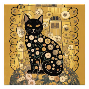 Golden Decorative Gustav Klimt Style Black Cat Art Photo Print