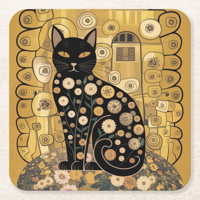 Golden Decorative Gustav Klimt Style Black Cat Art Square Paper Coaster (Front)
