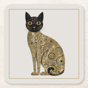 Golden Decorative Gustav Klimt Style Black Cat Art Square Paper Coaster