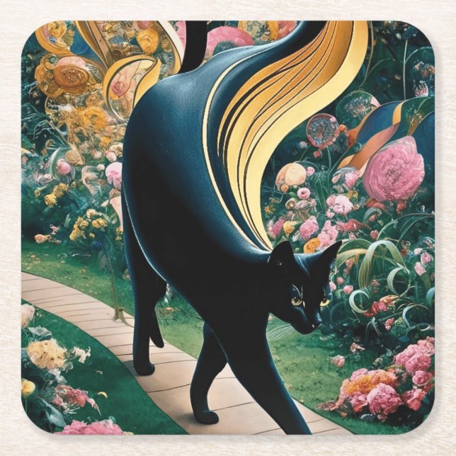 Golden Decorative Gustav Klimt Style Black Cat Art Square Paper Coaster (Front)
