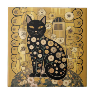 Golden Decorative Gustav Klimt Style Black Cat Art Tile