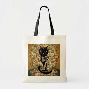 Golden Decorative Gustav Klimt Style Black Cat Art Tote Bag
