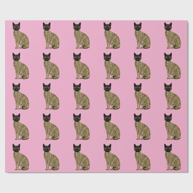 Golden Decorative Gustav Klimt Style Black Cat Art Wrapping Paper (Flat)