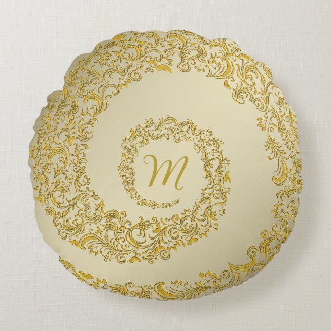 Golden Decorative Monogram Round Pillow (Front)