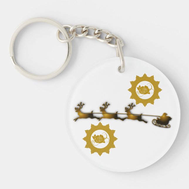 Golden Deer Christmas Santa Claus white Keychain (Front)