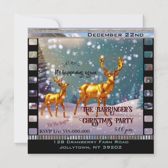 Golden Deer in Snow Scene Christmas Holiday Party Invitation (Front)