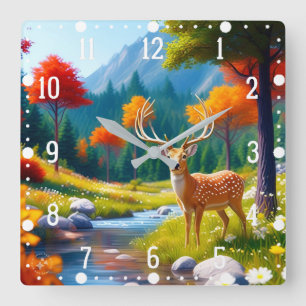 Golden Deer Standing in The Forest-987679 Square Wall Clock