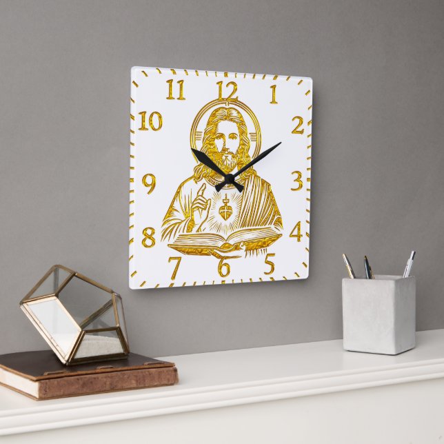 Golden Depiction of Jesus Holding a Book Square Wall Clock (Office)