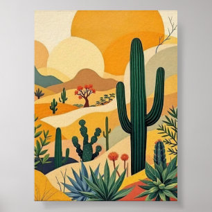 Golden Desert Cactus Sunset Landscape Art Poster