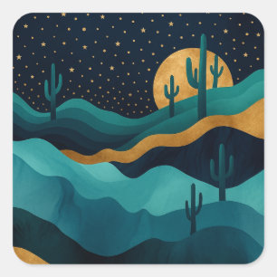  Golden Desert Nightscape – Abstract Cactus Art Square Sticker