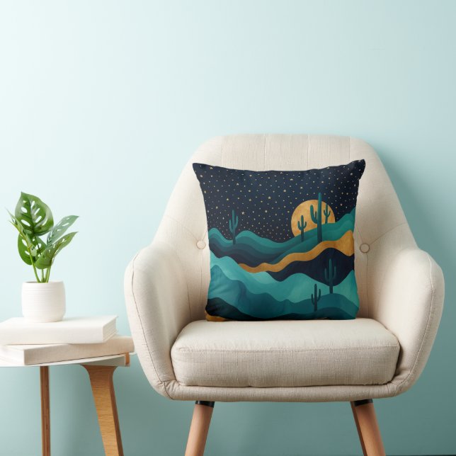  Golden Desert Nightscape – Abstract Cactus Art Throw Pillow (Chair)