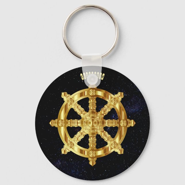 Golden Dharma Wheel Buddhism And Hinduism Symbol Keychain (Front)