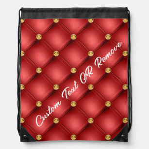 Golden Diamond Tufted Leather Custom Text Name Red Drawstring Bag