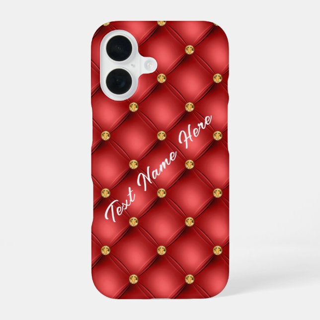 Golden Diamond Tufted Leather Custom Text Name Red iPhone 16 Case (Back)