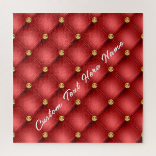 Golden Diamond Tufted Leather Custom Text Name Red Jigsaw Puzzle