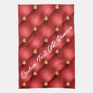 Golden Diamond Tufted Leather Custom Text Name Red Kitchen Towel