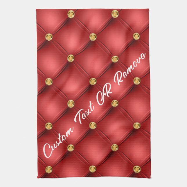 Golden Diamond Tufted Leather Custom Text Name Red Kitchen Towel (Vertical)