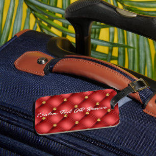 Golden Diamond Tufted Leather Custom Text Name Red Luggage Tag