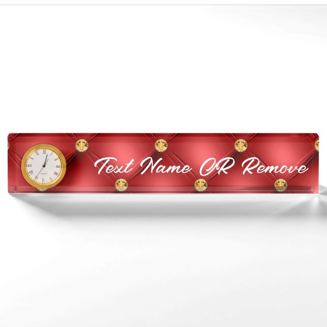 Golden Diamond Tufted Leather Custom Text Name Red Nameplate (Front)