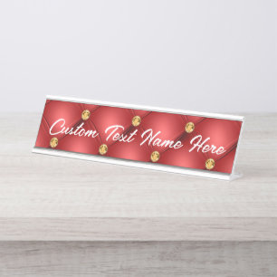 Golden Diamond Tufted Leather Your Text Name Red Desk Name Plate