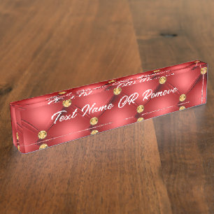 Golden Diamond Tufted Leather Your Text Name Red Nameplate